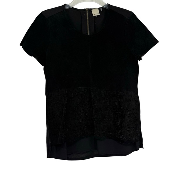 ECRU Blouse Shirt Womens size Small Suede Front Blouse Top Black Short Sleeve - Picture 1 of 9